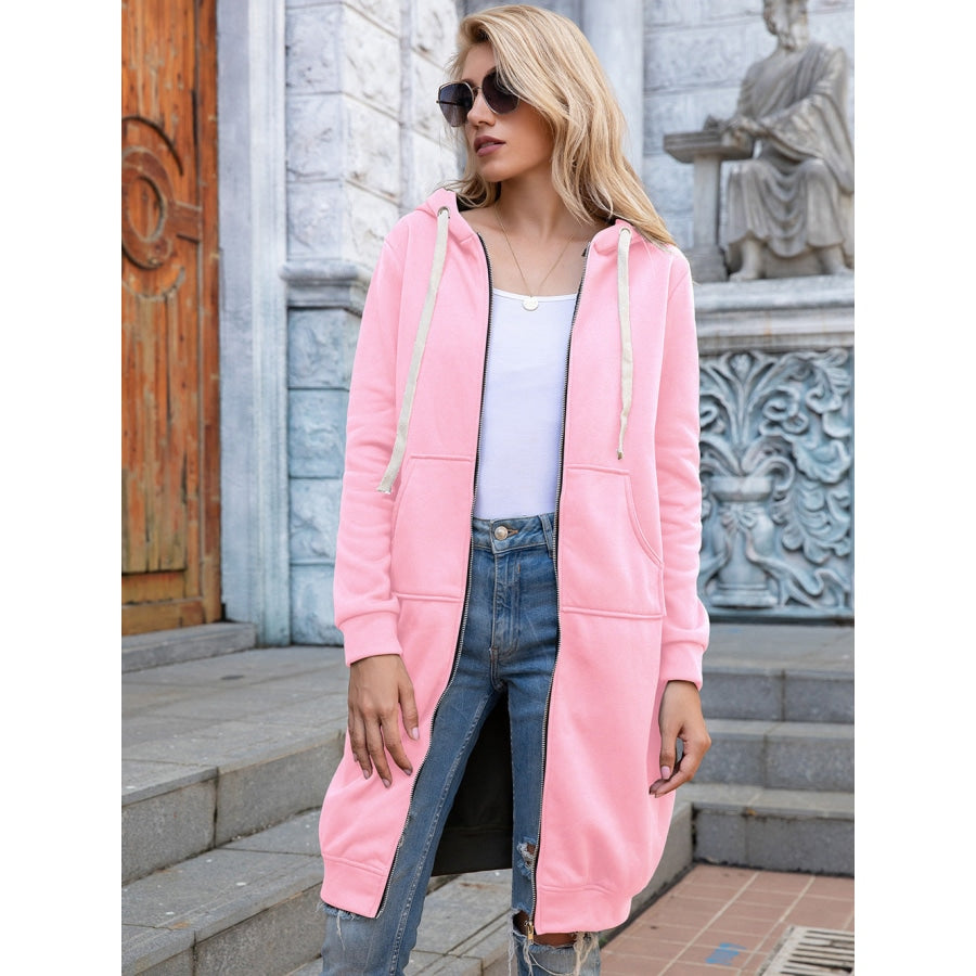 Full Size Zip-Up Longline Hoodie with Pockets Blush Pink / S