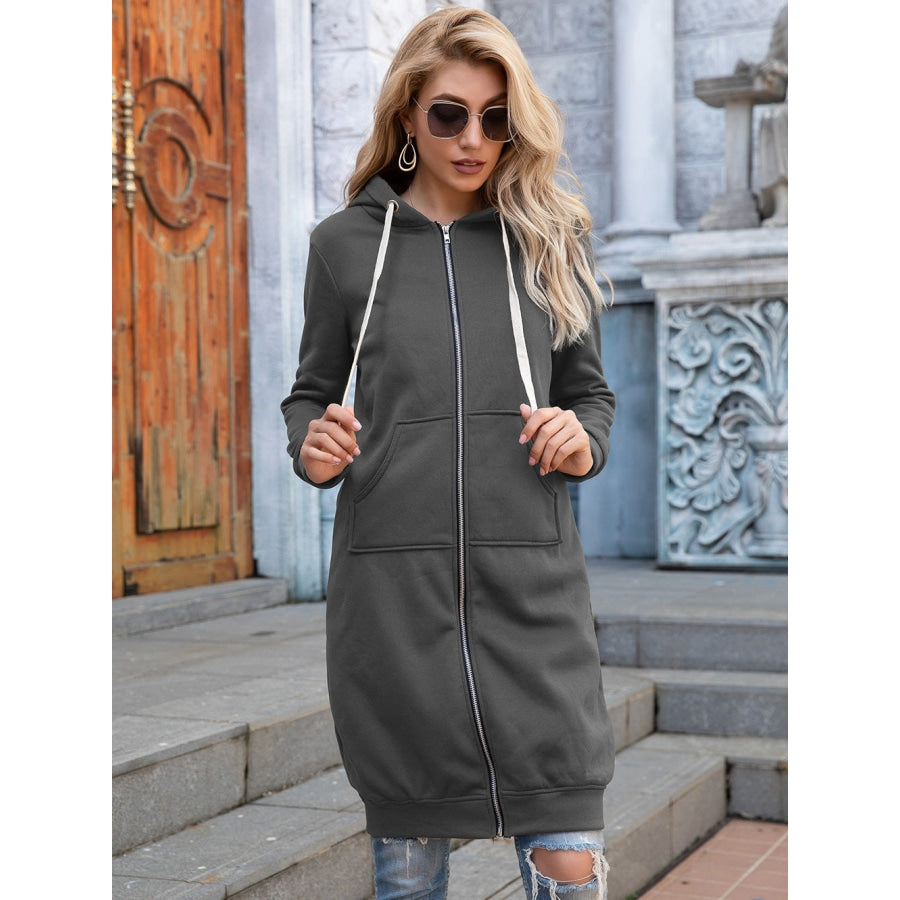Full Size Zip-Up Longline Hoodie with Pockets Charcoal / S