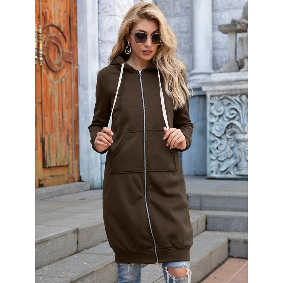 Full Size Zip-Up Longline Hoodie with Pockets Chestnut / S