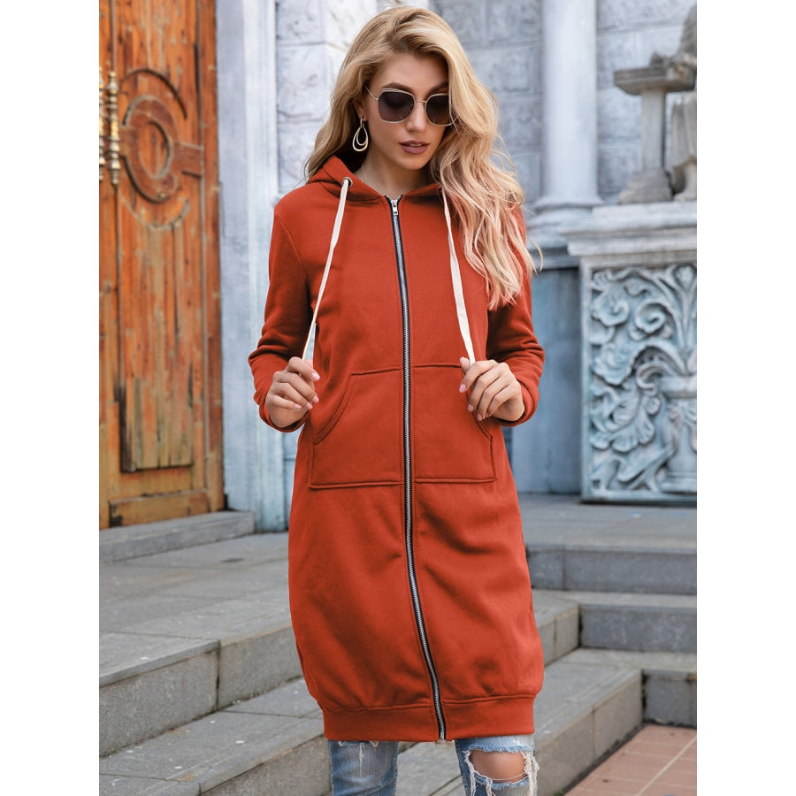 Full Size Zip-Up Longline Hoodie with Pockets Orange / S