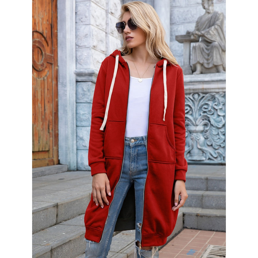 Full Size Zip-Up Longline Hoodie with Pockets Red / S