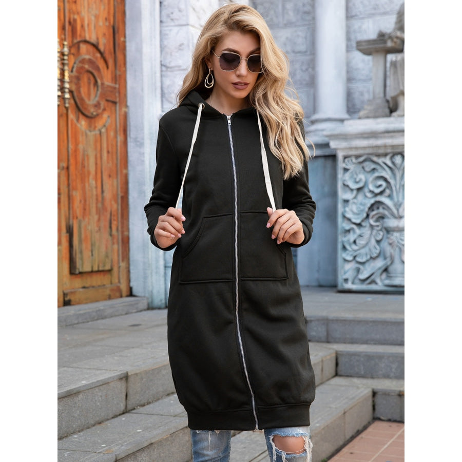 Full Size Zip-Up Longline Hoodie with Pockets