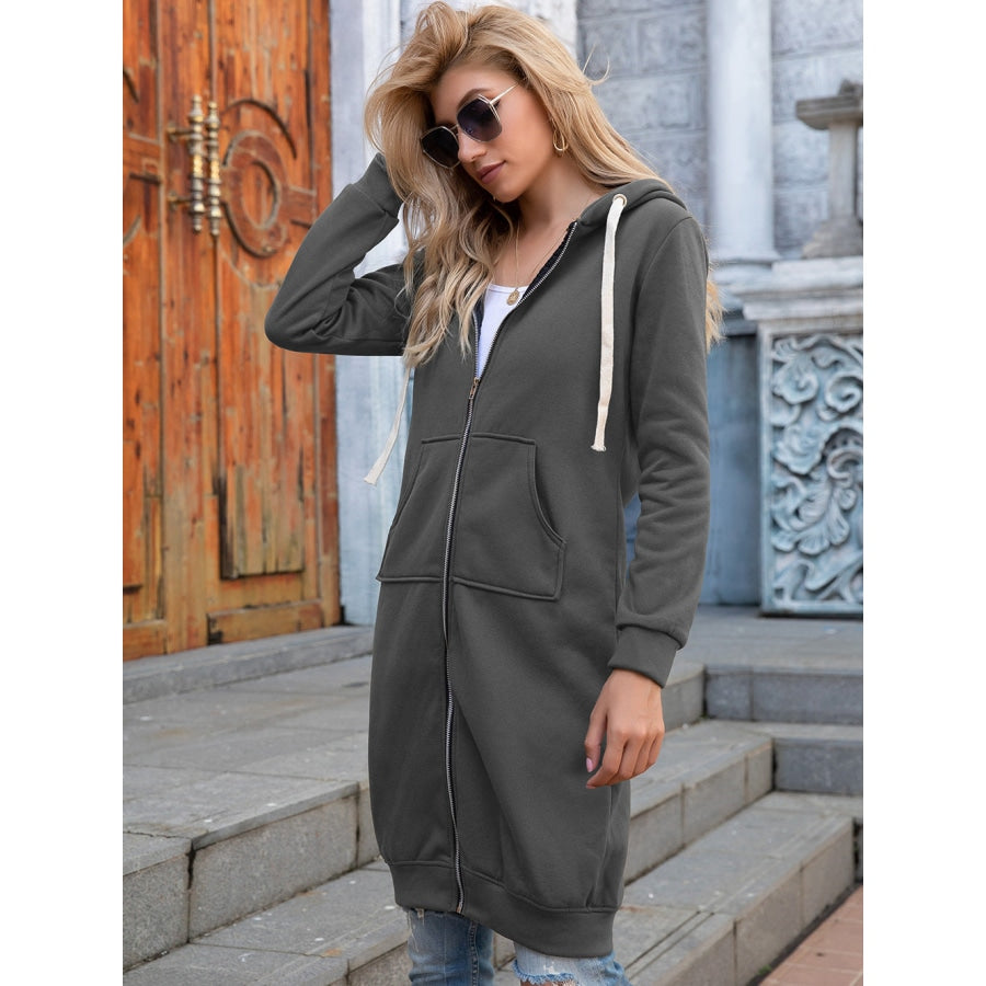 Full Size Zip-Up Longline Hoodie with Pockets