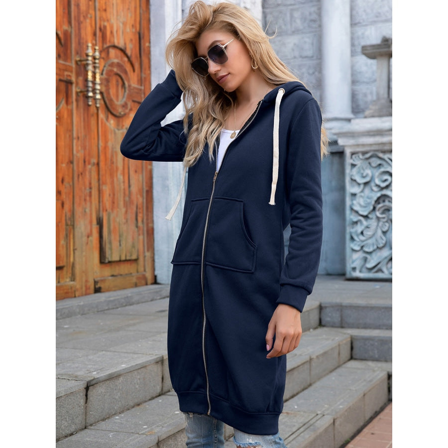 Full Size Zip-Up Longline Hoodie with Pockets