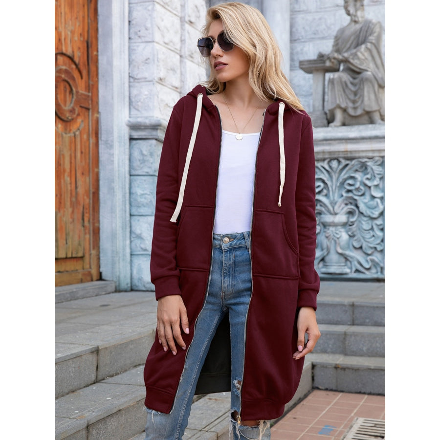 Full Size Zip-Up Longline Hoodie with Pockets Wine / S