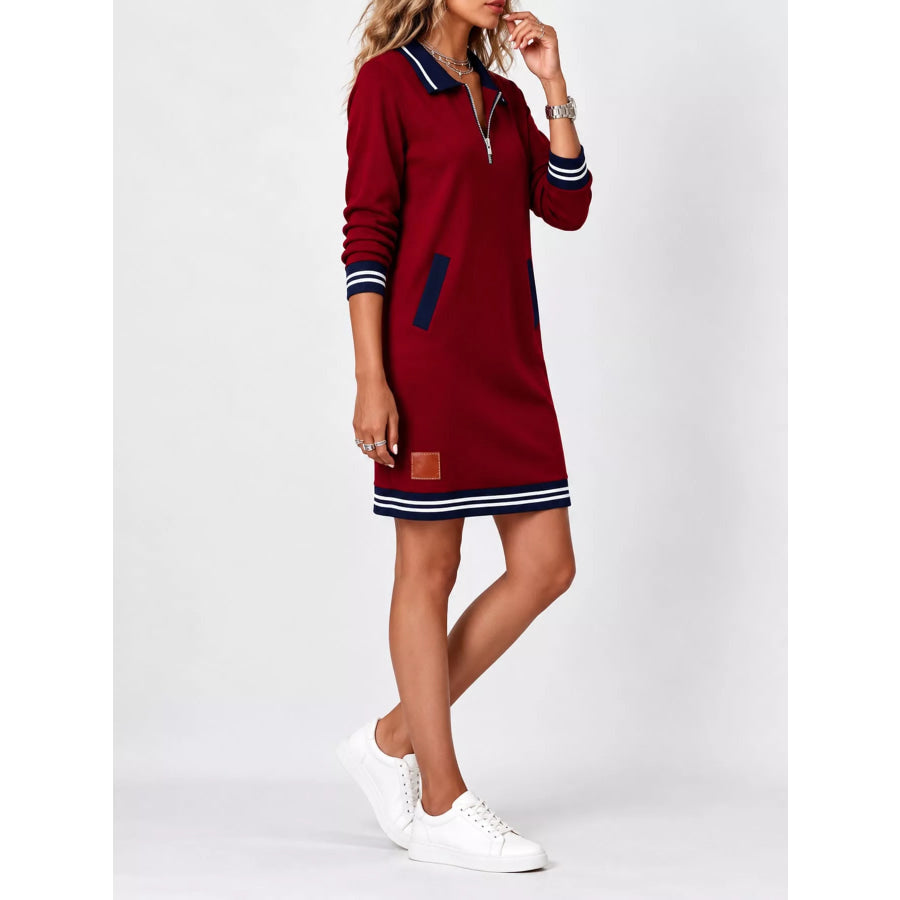Full Size Zip-Up Polo Collar Knit Dress Plus Apparel and Accessories