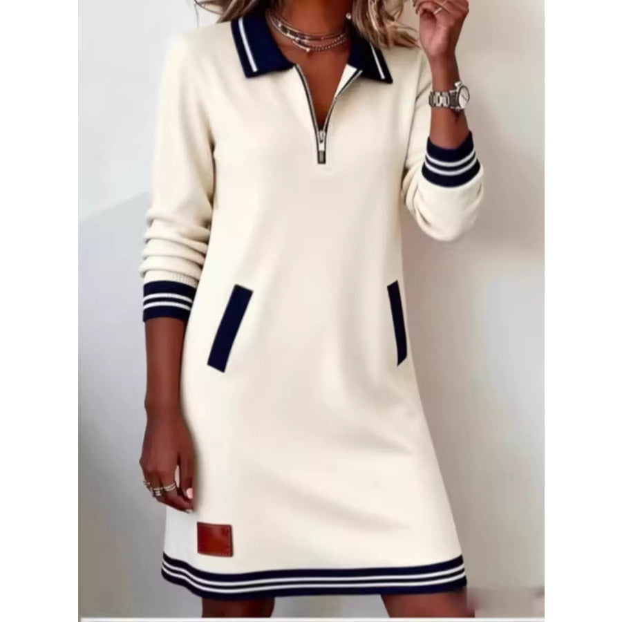 Full Size Zip-Up Polo Collar Knit Dress Plus Cream / S Apparel and Accessories