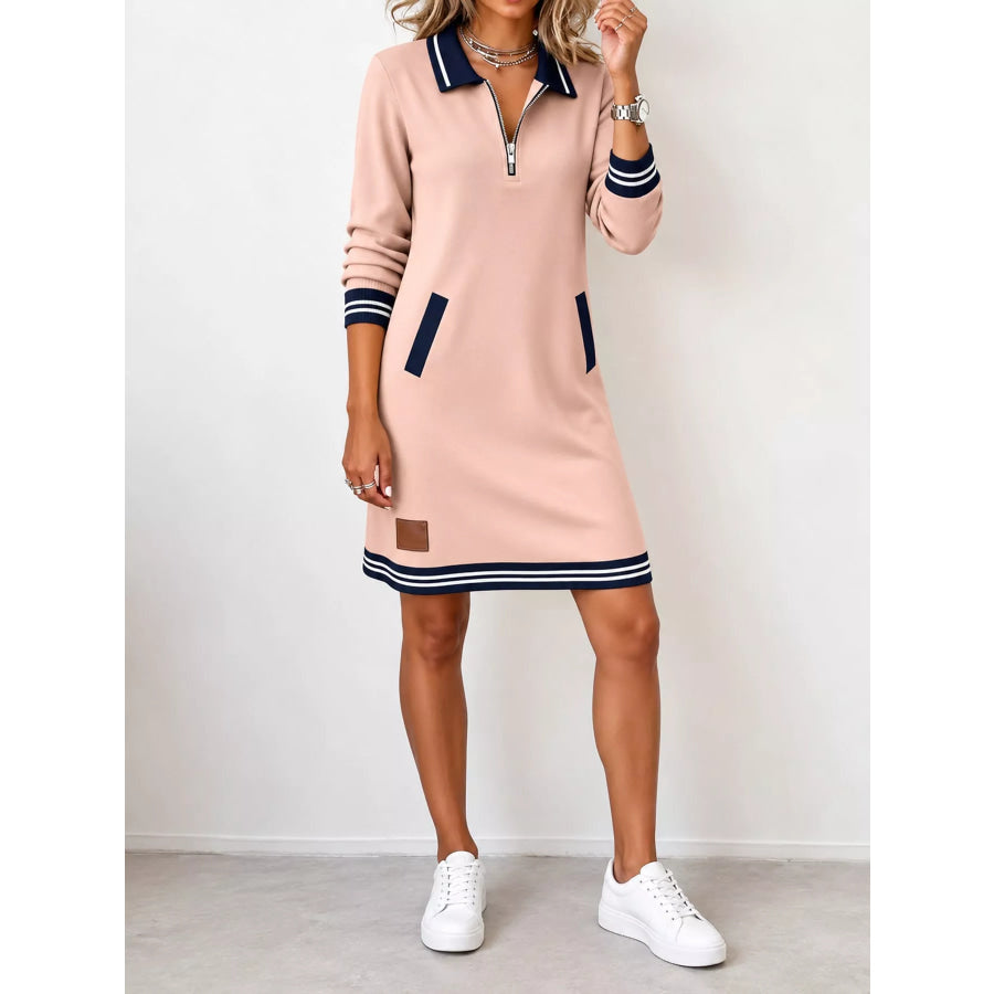 Full Size Zip-Up Polo Collar Knit Dress Plus Dusty Pink / S Apparel and Accessories