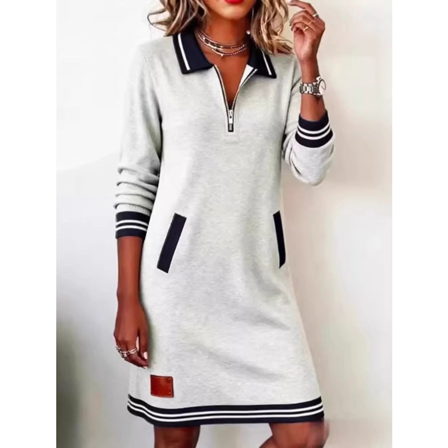 Full Size Zip-Up Polo Collar Knit Dress Plus Gray / S Apparel and Accessories