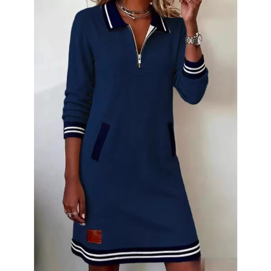Full Size Zip-Up Polo Collar Knit Dress Plus Navy / S Apparel and Accessories