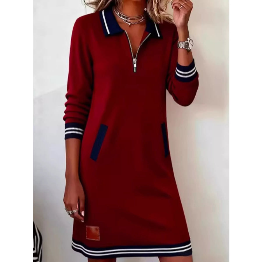 Full Size Zip-Up Polo Collar Knit Dress Plus Red / S Apparel and Accessories