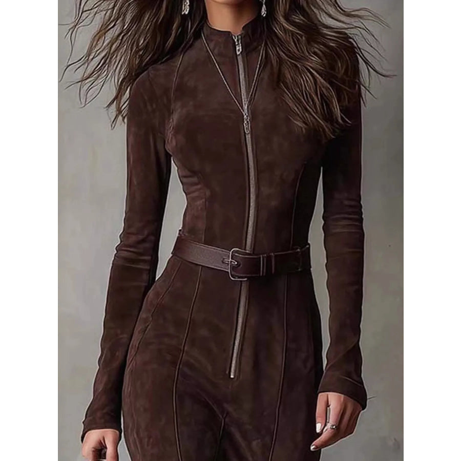 Full Size Zipper Front Long Sleeve Slit Maxi Dress Plus Apparel and Accessories