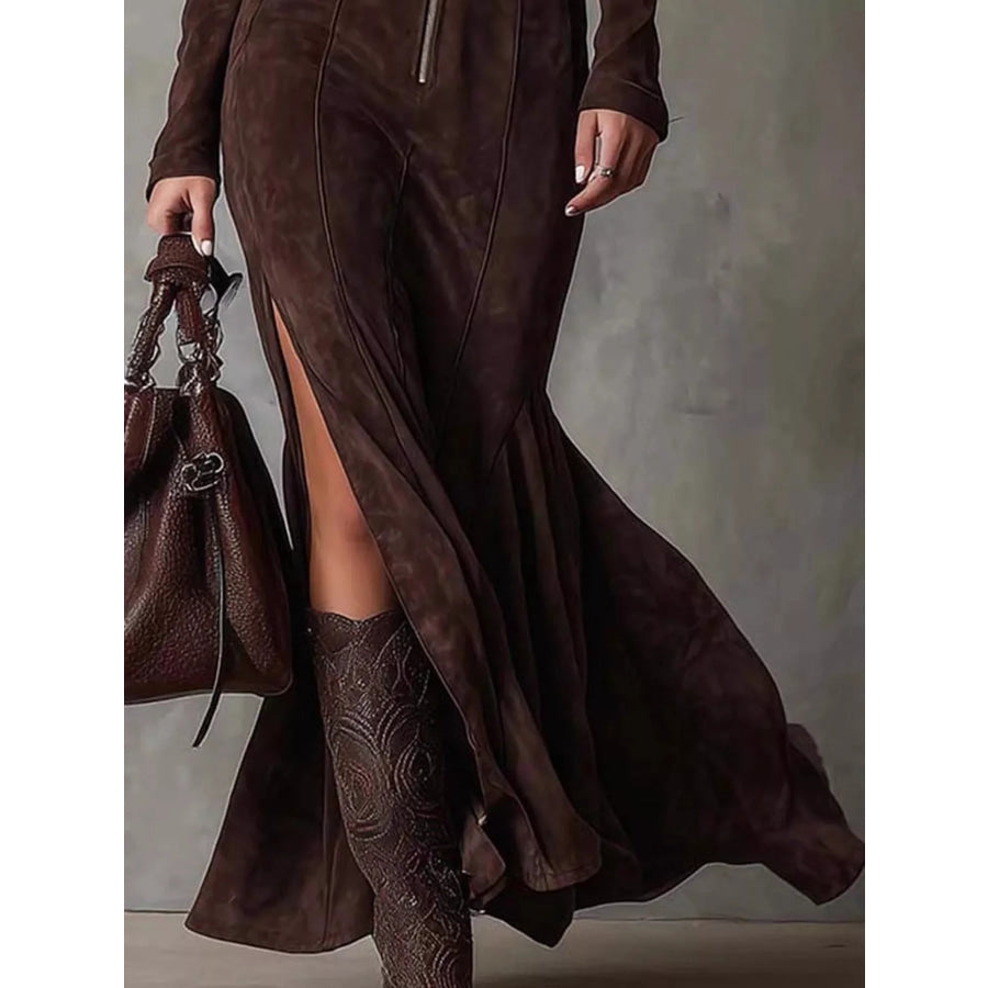 Full Size Zipper Front Long Sleeve Slit Maxi Dress Plus Apparel and Accessories