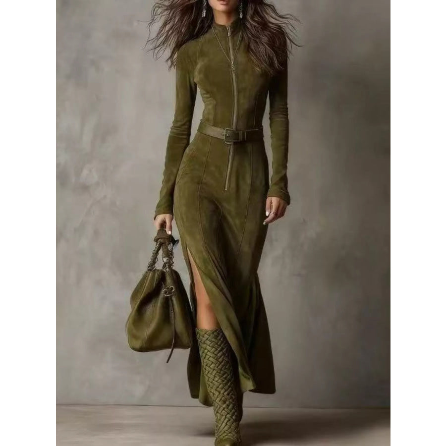 Full Size Zipper Front Long Sleeve Slit Maxi Dress Plus Army Green / S Apparel and Accessories