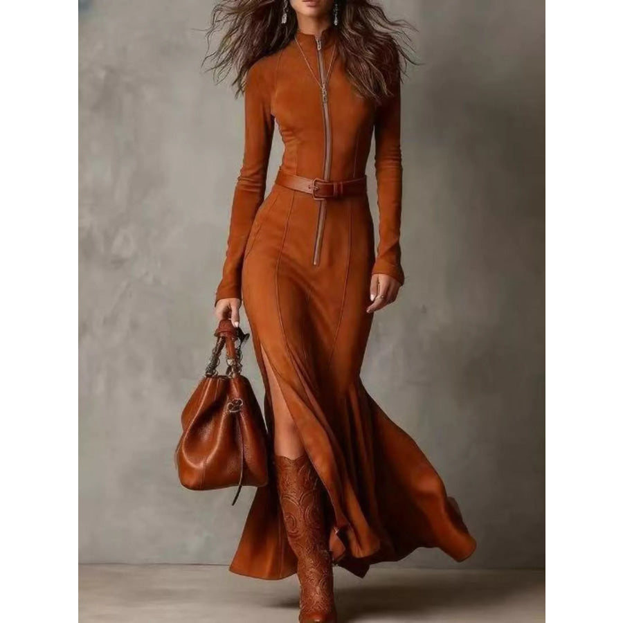 Full Size Zipper Front Long Sleeve Slit Maxi Dress Plus Orange-red / S Apparel and Accessories