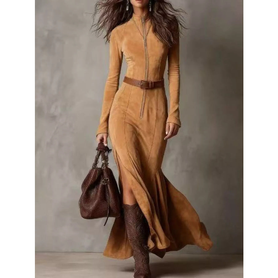 Full Size Zipper Front Long Sleeve Slit Maxi Dress Plus Tan / S Apparel and Accessories