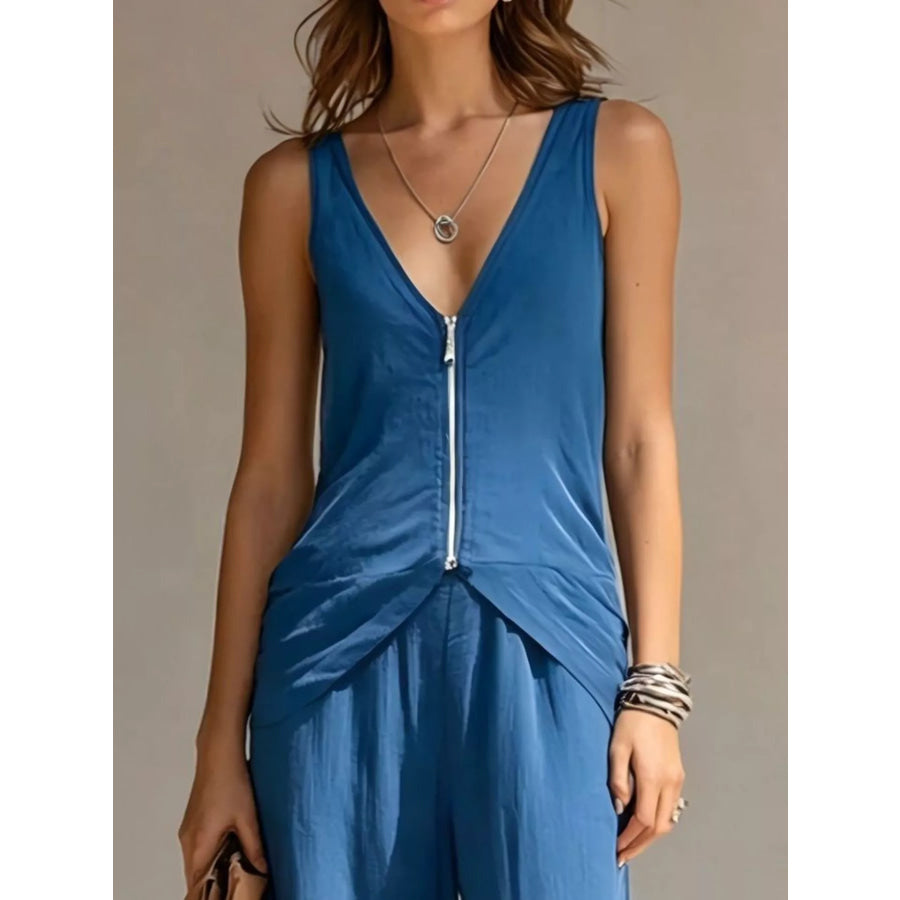 Full Size Zipper Front Tank and Wide-Leg Pants Set Plus Apparel Accessories