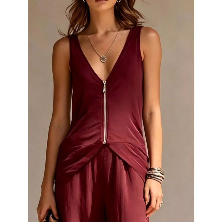 Full Size Zipper Front Tank and Wide-Leg Pants Set Plus Apparel Accessories