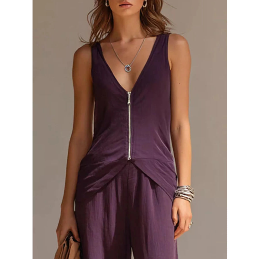 Full Size Zipper Front Tank and Wide-Leg Pants Set Plus Apparel Accessories