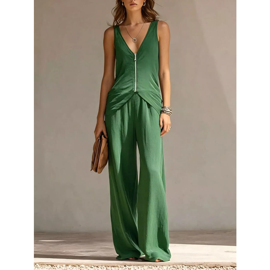 Full Size Zipper Front Tank and Wide-Leg Pants Set Plus Green / S Apparel Accessories