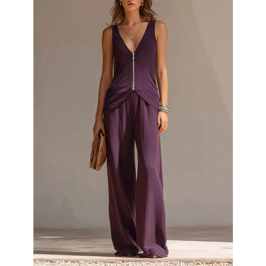 Full Size Zipper Front Tank and Wide-Leg Pants Set Plus Purple / S Apparel Accessories