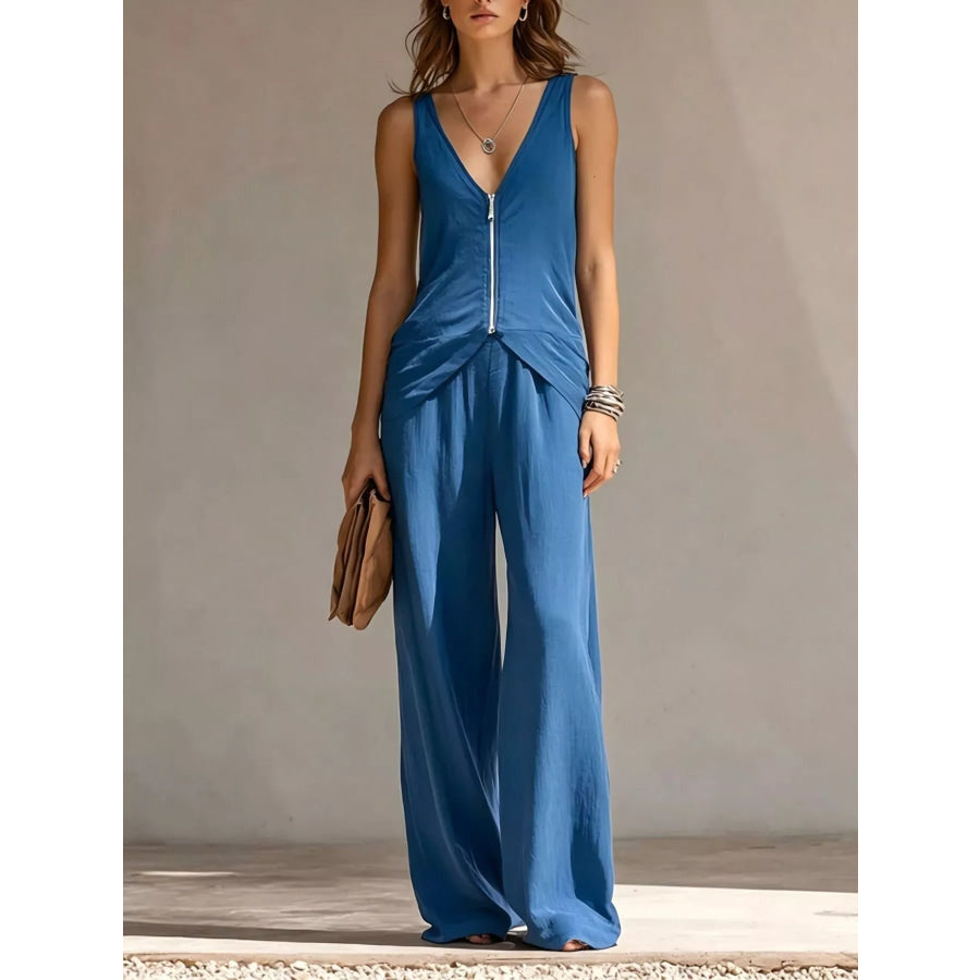 Full Size Zipper Front Tank and Wide-Leg Pants Set Plus Royal Blue / S Apparel Accessories