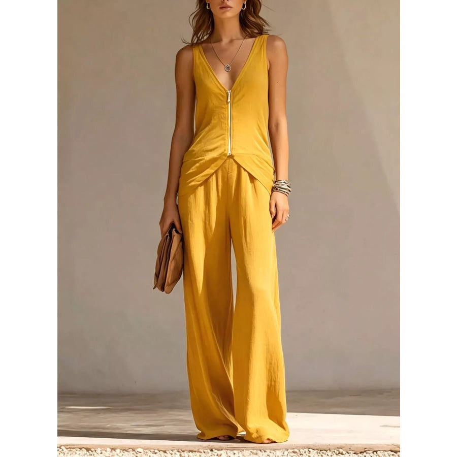 Full Size Zipper Front Tank and Wide-Leg Pants Set Plus Yellow / S Apparel Accessories