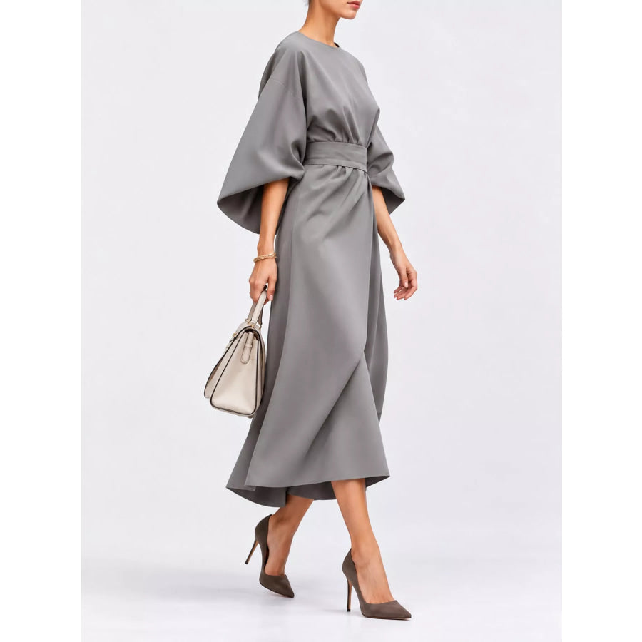 Full Sleeve Kimono Sleeves Round Neck Midi Dress Plus Size Apparel and Accessories