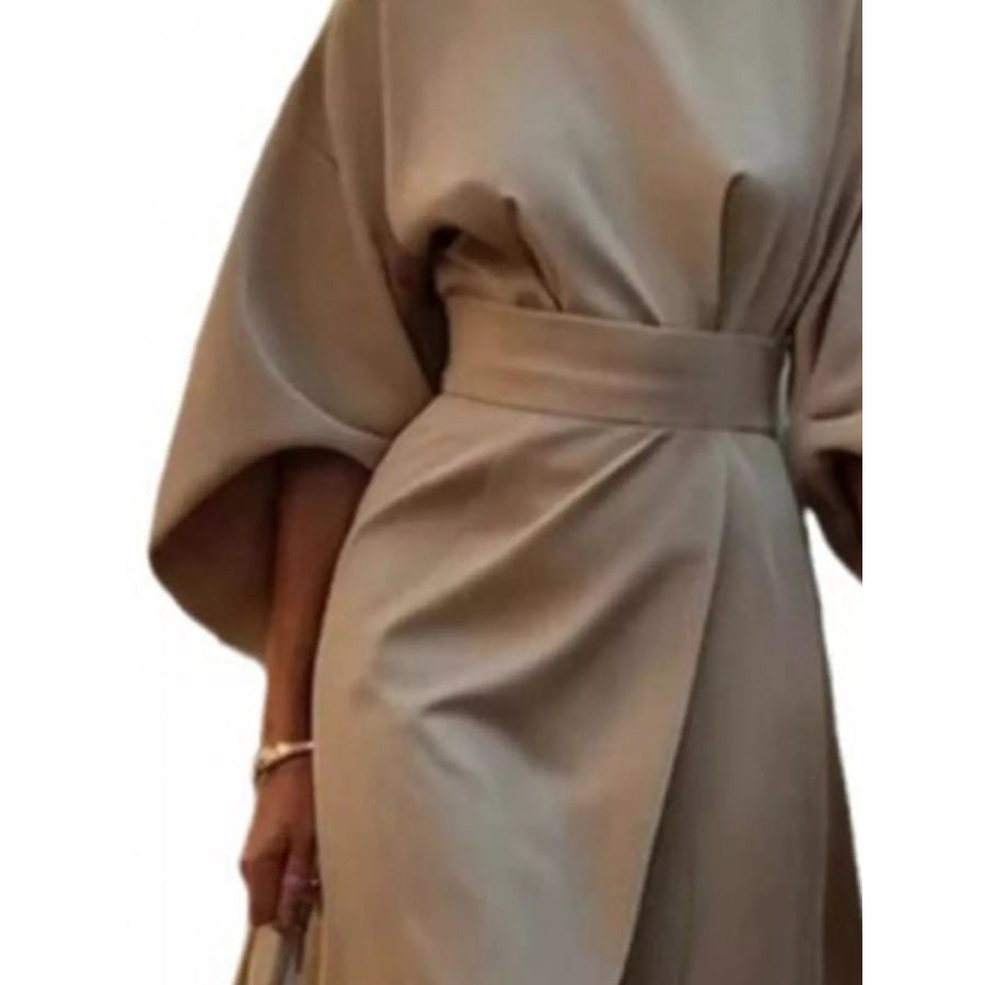 Full Sleeve Kimono Sleeves Round Neck Midi Dress Plus Size Apparel and Accessories