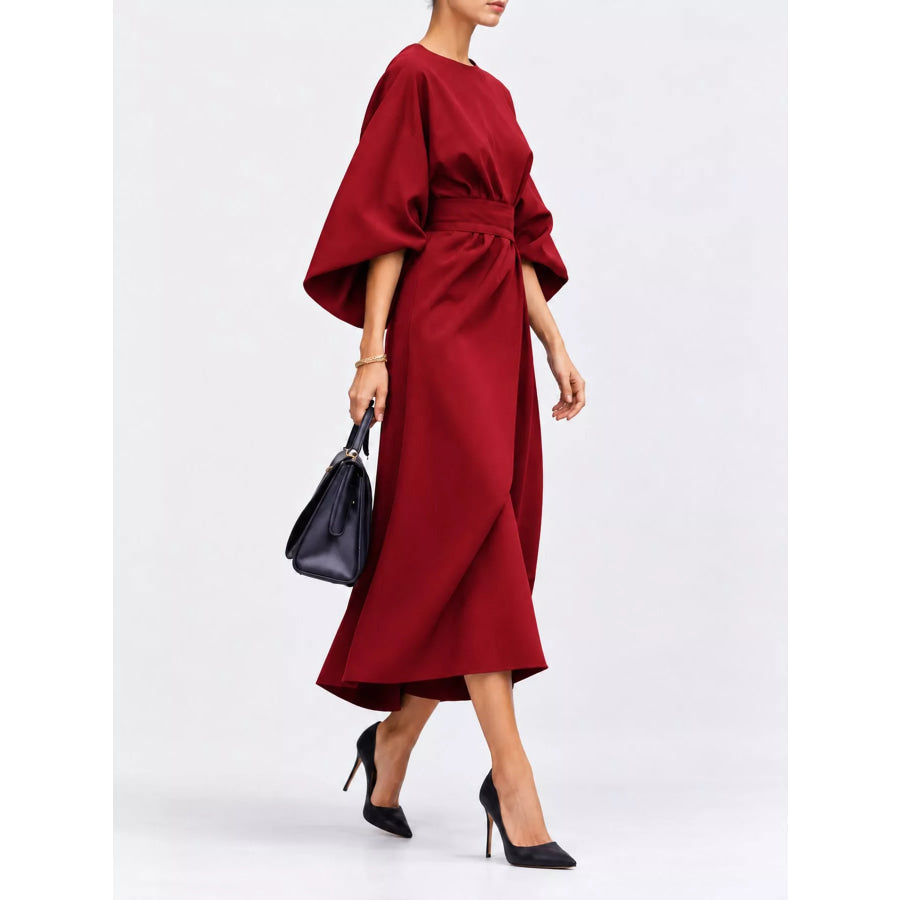Full Sleeve Kimono Sleeves Round Neck Midi Dress Plus Size Apparel and Accessories