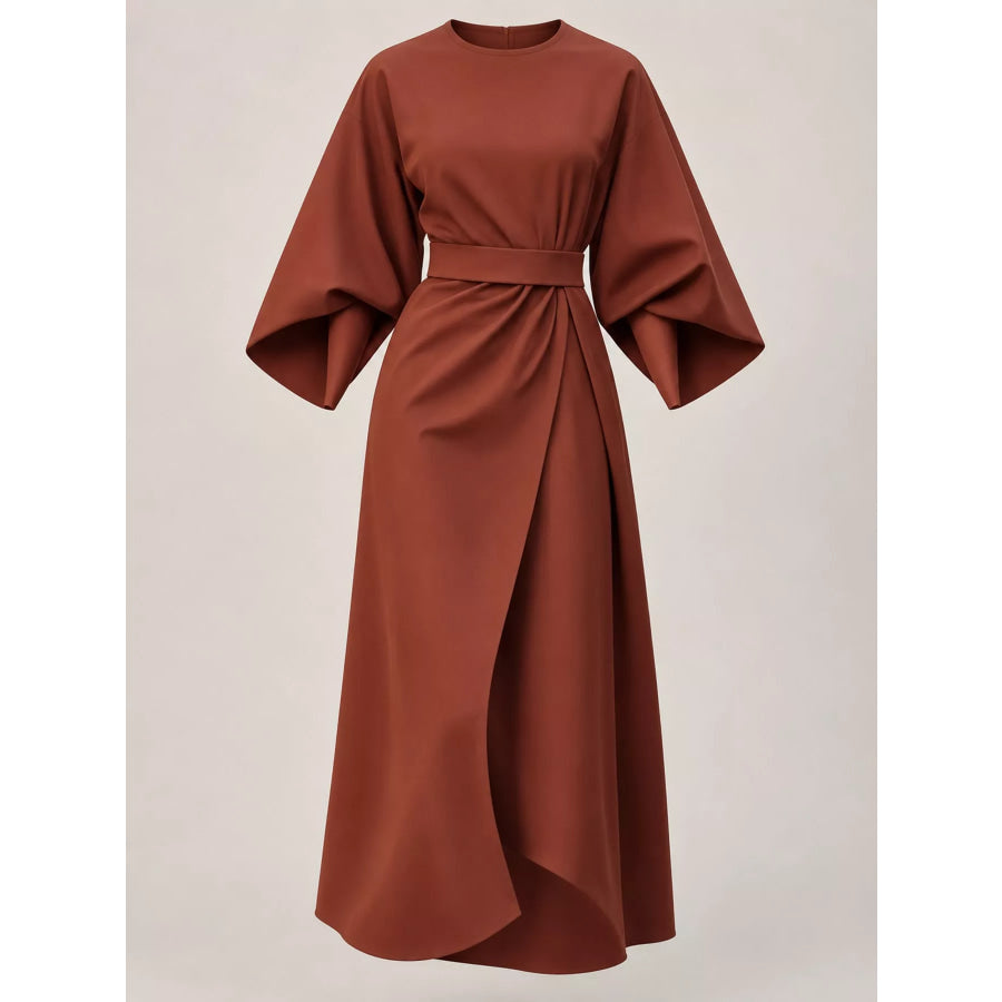Full Sleeve Kimono Sleeves Round Neck Midi Dress Plus Size Apparel and Accessories
