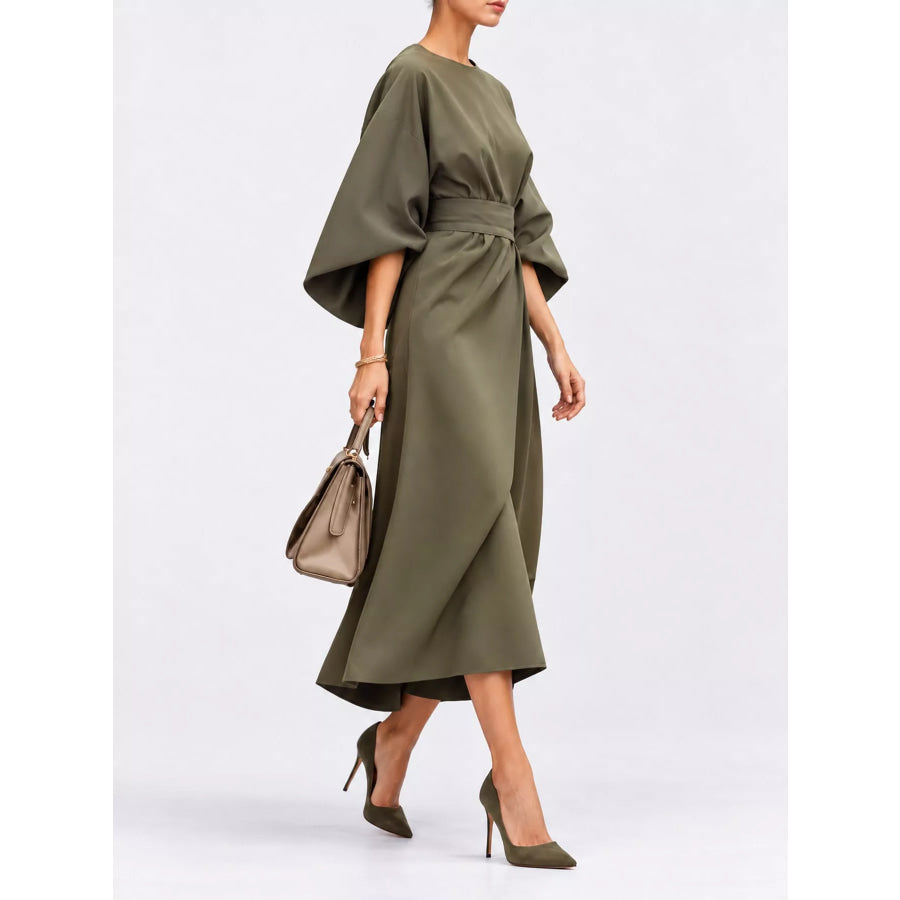 Full Sleeve Kimono Sleeves Round Neck Midi Dress Plus Size Apparel and Accessories