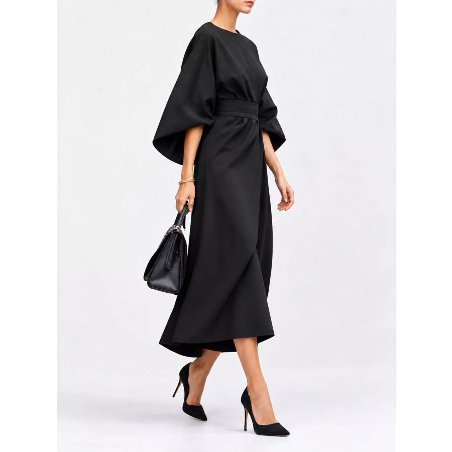 Full Sleeve Kimono Sleeves Round Neck Midi Dress Plus Size Apparel and Accessories