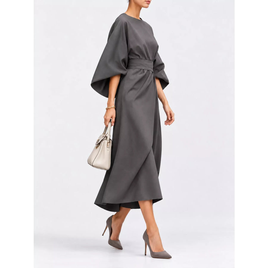 Full Sleeve Kimono Sleeves Round Neck Midi Dress Plus Size Apparel and Accessories