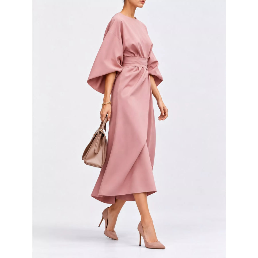 Full Sleeve Kimono Sleeves Round Neck Midi Dress Plus Size Apparel and Accessories