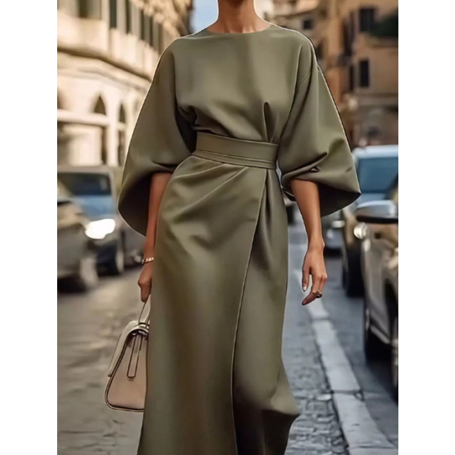 Full Sleeve Kimono Sleeves Round Neck Midi Dress Plus Size Army Green / S Apparel and Accessories