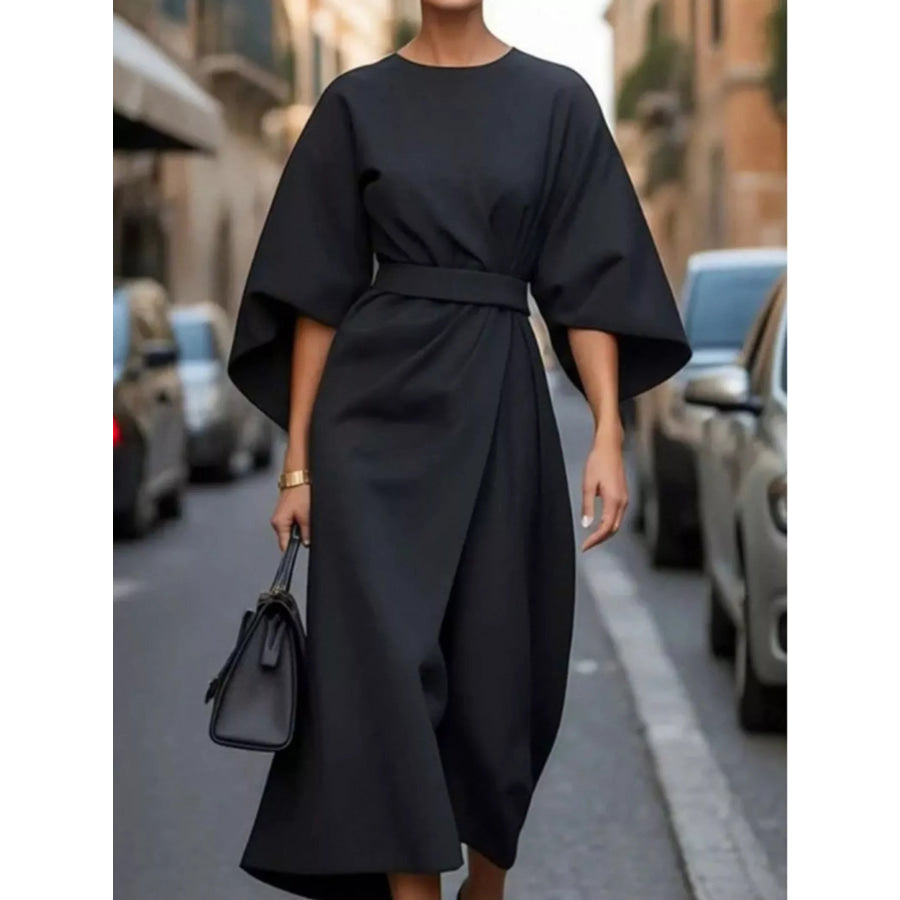 Full Sleeve Kimono Sleeves Round Neck Midi Dress Plus Size Black / S Apparel and Accessories