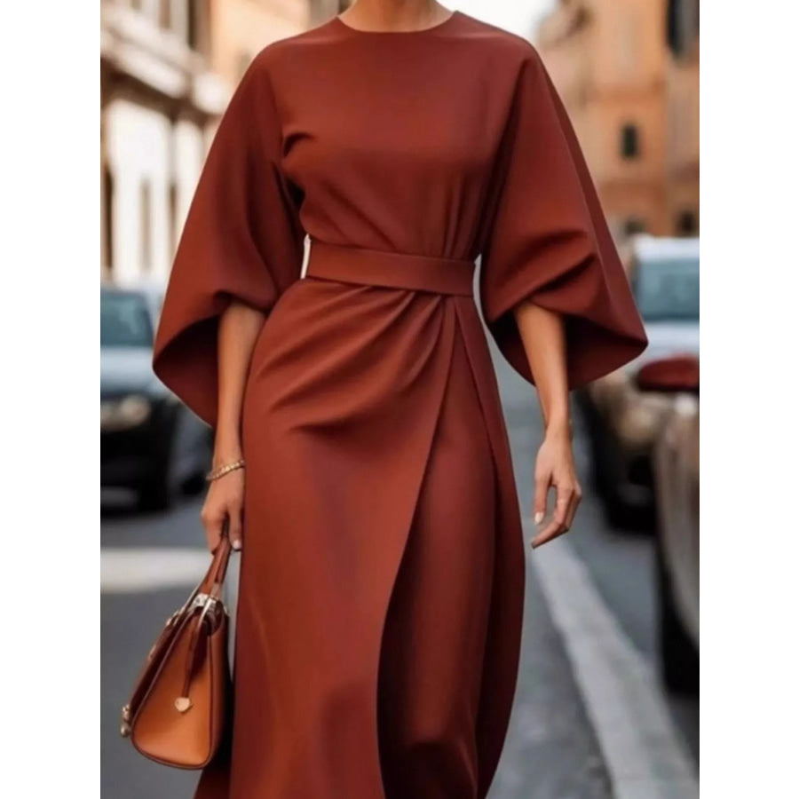 Full Sleeve Kimono Sleeves Round Neck Midi Dress Plus Size Brown / S Apparel and Accessories
