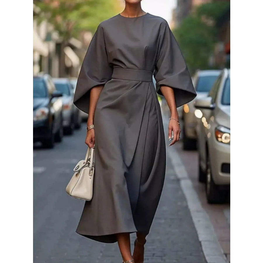 Full Sleeve Kimono Sleeves Round Neck Midi Dress Plus Size Gray / S Apparel and Accessories