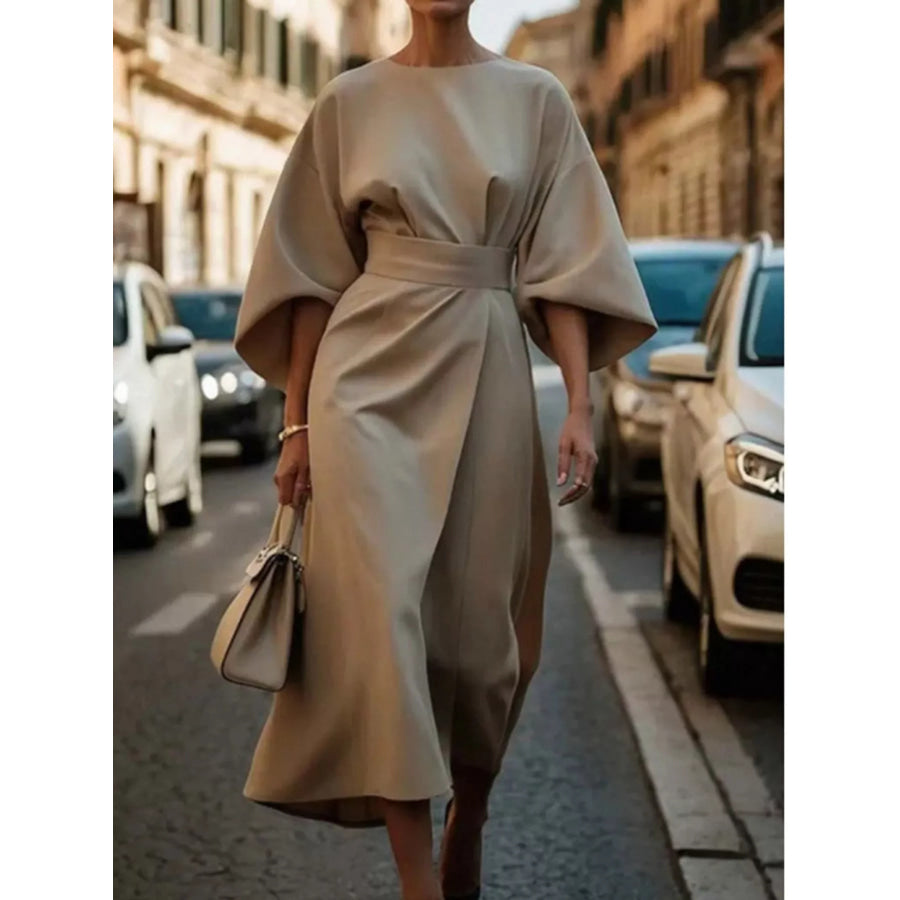 Full Sleeve Kimono Sleeves Round Neck Midi Dress Plus Size Khaki / S Apparel and Accessories