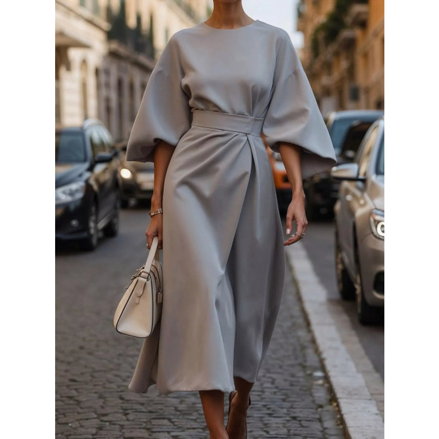 Full Sleeve Kimono Sleeves Round Neck Midi Dress Plus Size Light Gray / S Apparel and Accessories