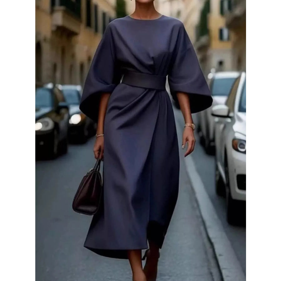 Full Sleeve Kimono Sleeves Round Neck Midi Dress Plus Size Navy / S Apparel and Accessories