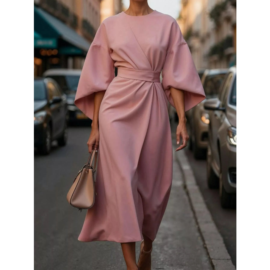 Full Sleeve Kimono Sleeves Round Neck Midi Dress Plus Size Pink / S Apparel and Accessories