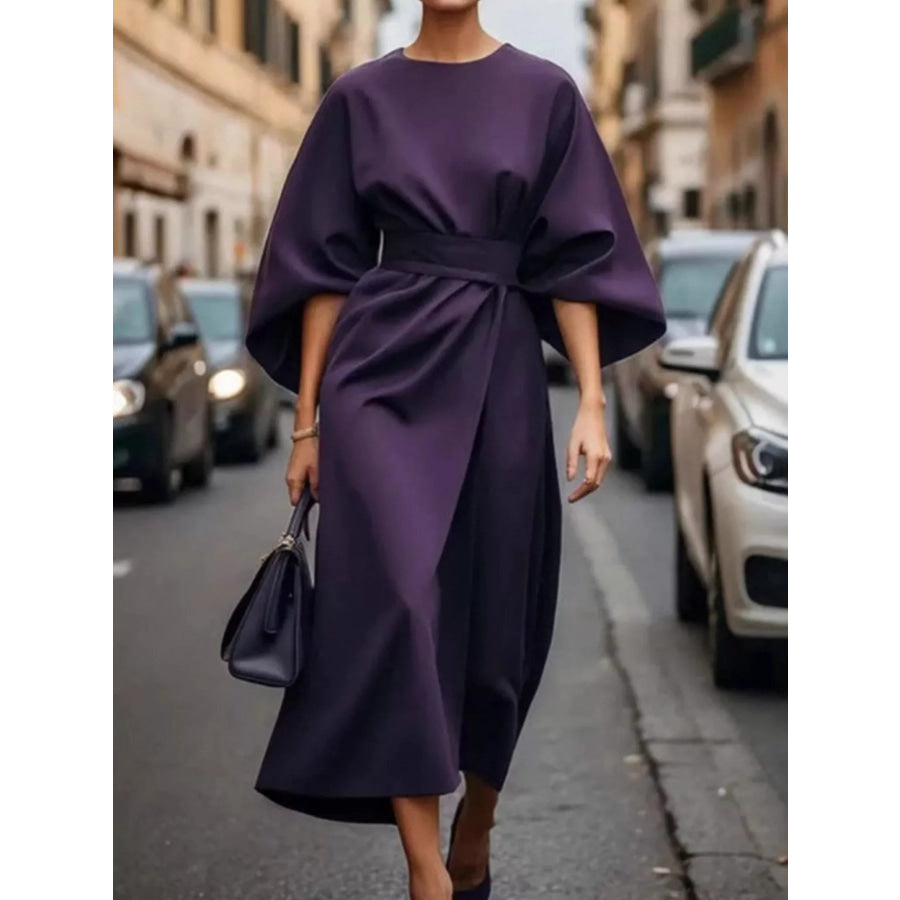 Full Sleeve Kimono Sleeves Round Neck Midi Dress Plus Size Purple / S Apparel and Accessories