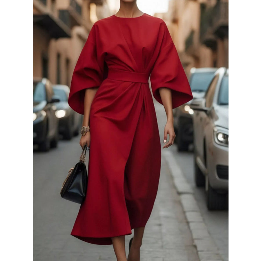 Full Sleeve Kimono Sleeves Round Neck Midi Dress Plus Size Red / S Apparel and Accessories