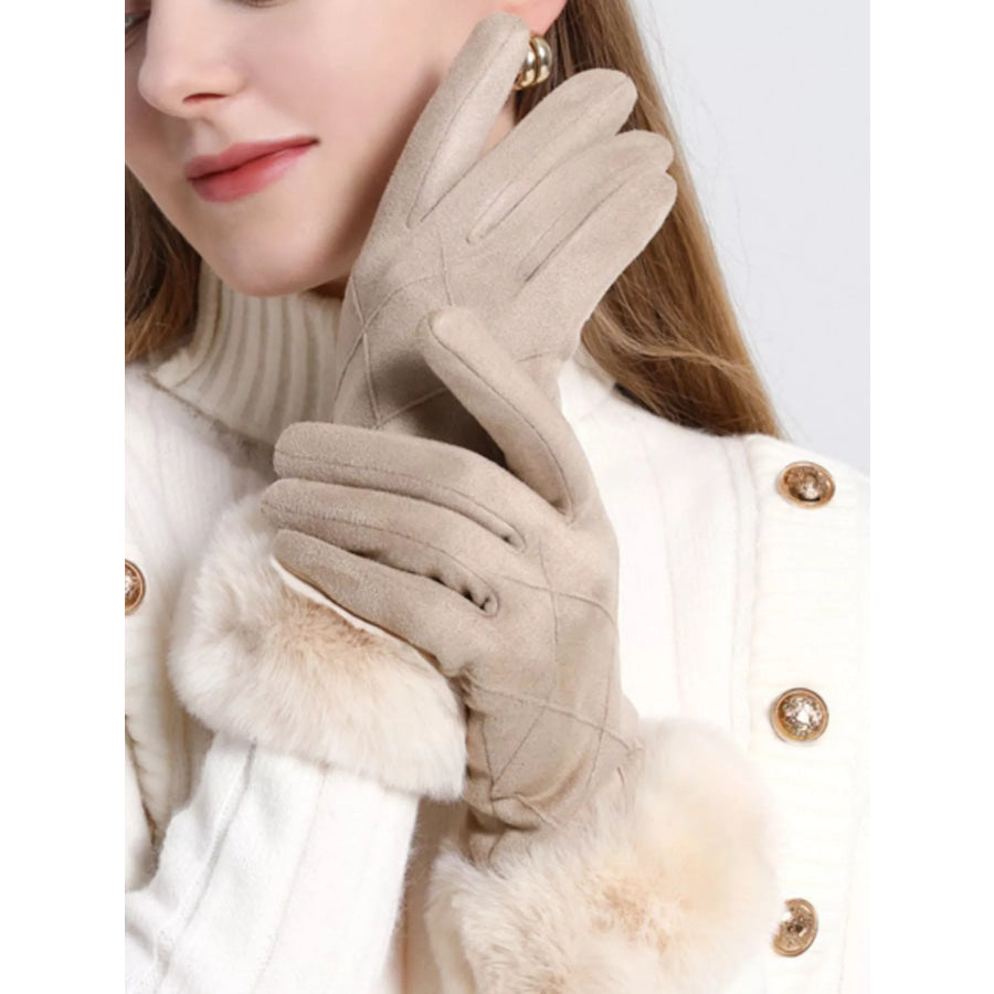 Fur Cuff Suede Gloves Beige / One Size Apparel and Accessories