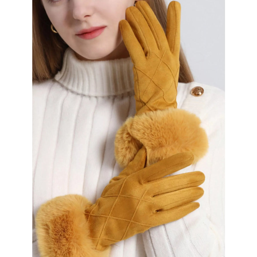 Fur Cuff Suede Gloves Yellow / One Size Apparel and Accessories