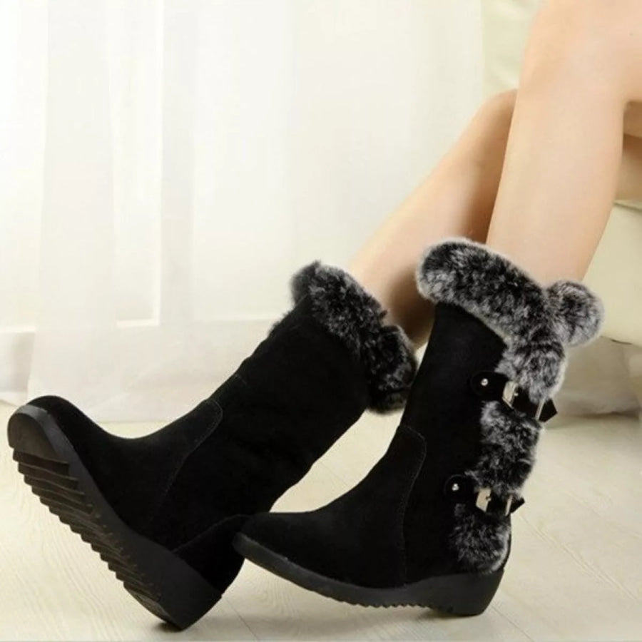 Fur Trim Round Toe Boots Black / 35 Apparel and Accessories