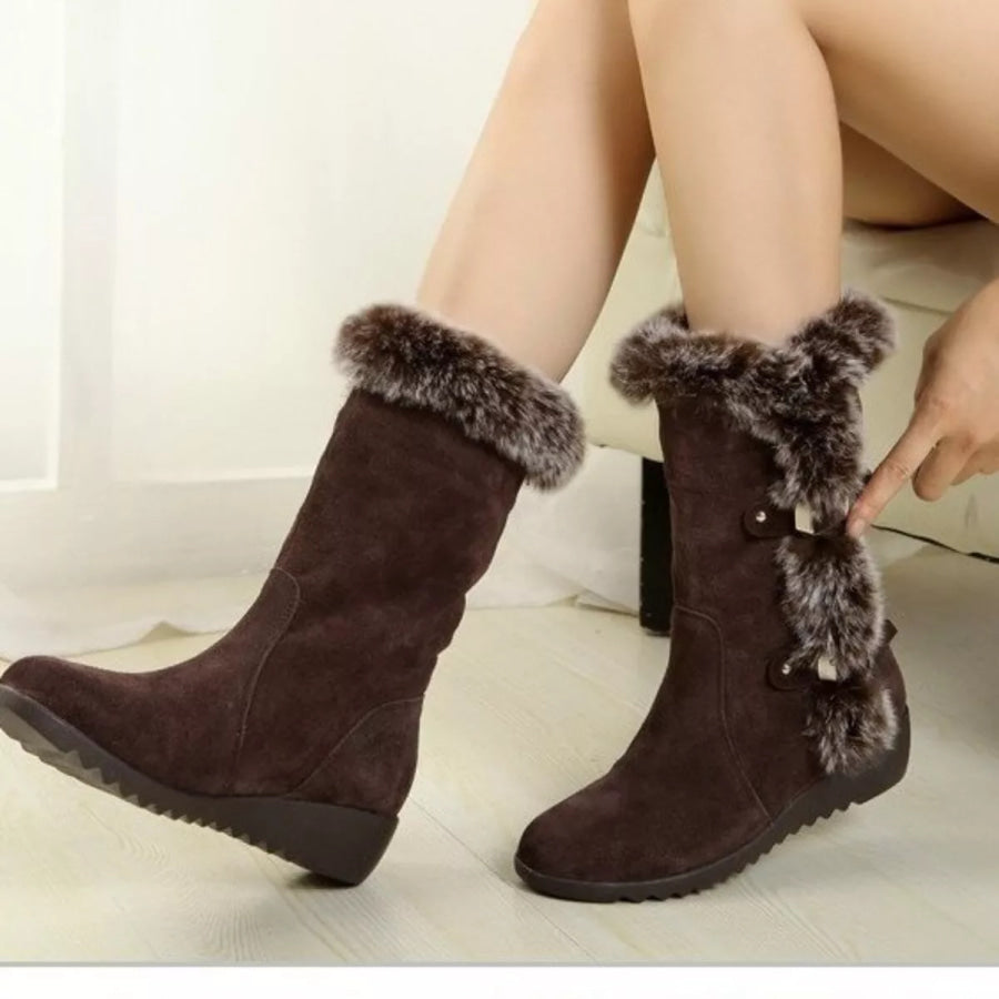 Fur Trim Round Toe Boots Brown / 35 Apparel and Accessories