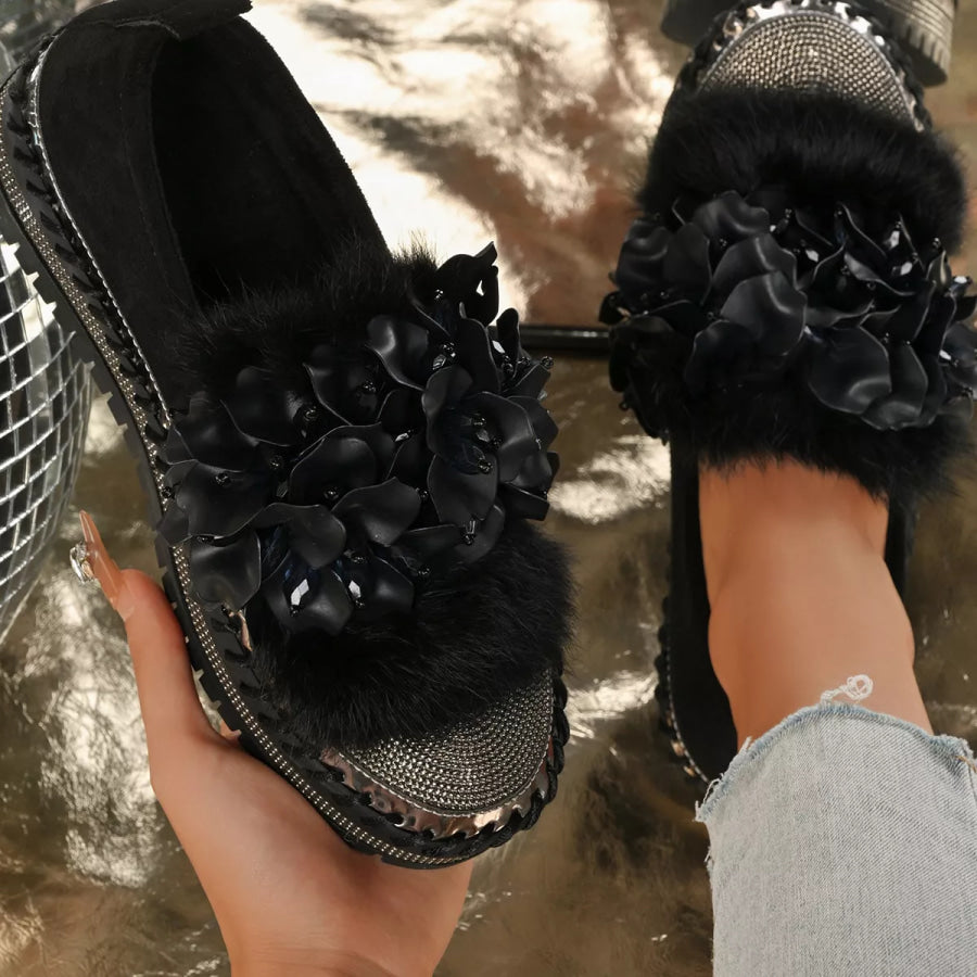 Fur-Trimmed Rhinestone Loafers Apparel and Accessories